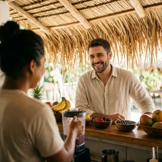 Marco an der Holztheke einer Strandbar, im Vordergrund mixt der Betreiber Acai