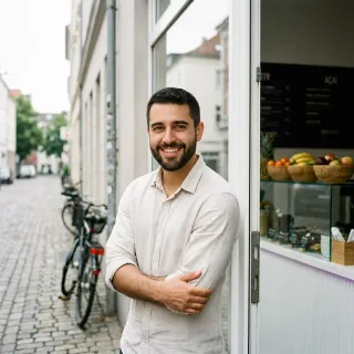 Marco in der Tür seines Ladens in Frankfurt